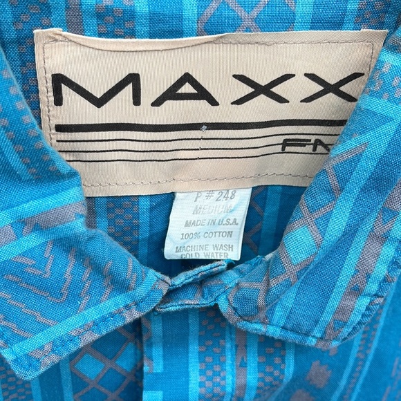 Maxx Fm Shirt Men's Medium Southwest USA Vintage 90s Cotton Teal Blue Gray - Picture 2 of 6